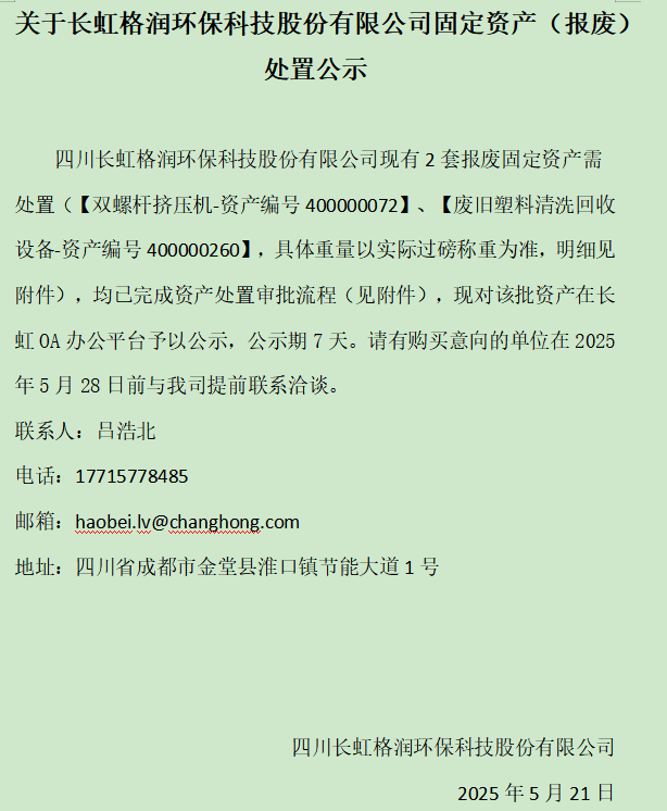 關(guān)于長虹格潤環(huán)保科技股份有限公司固定資產(chǎn)(報廢)處置公示 關(guān)于長虹格潤環(huán)保科技股份有限公司固定資產(chǎn)(報廢)處置公示